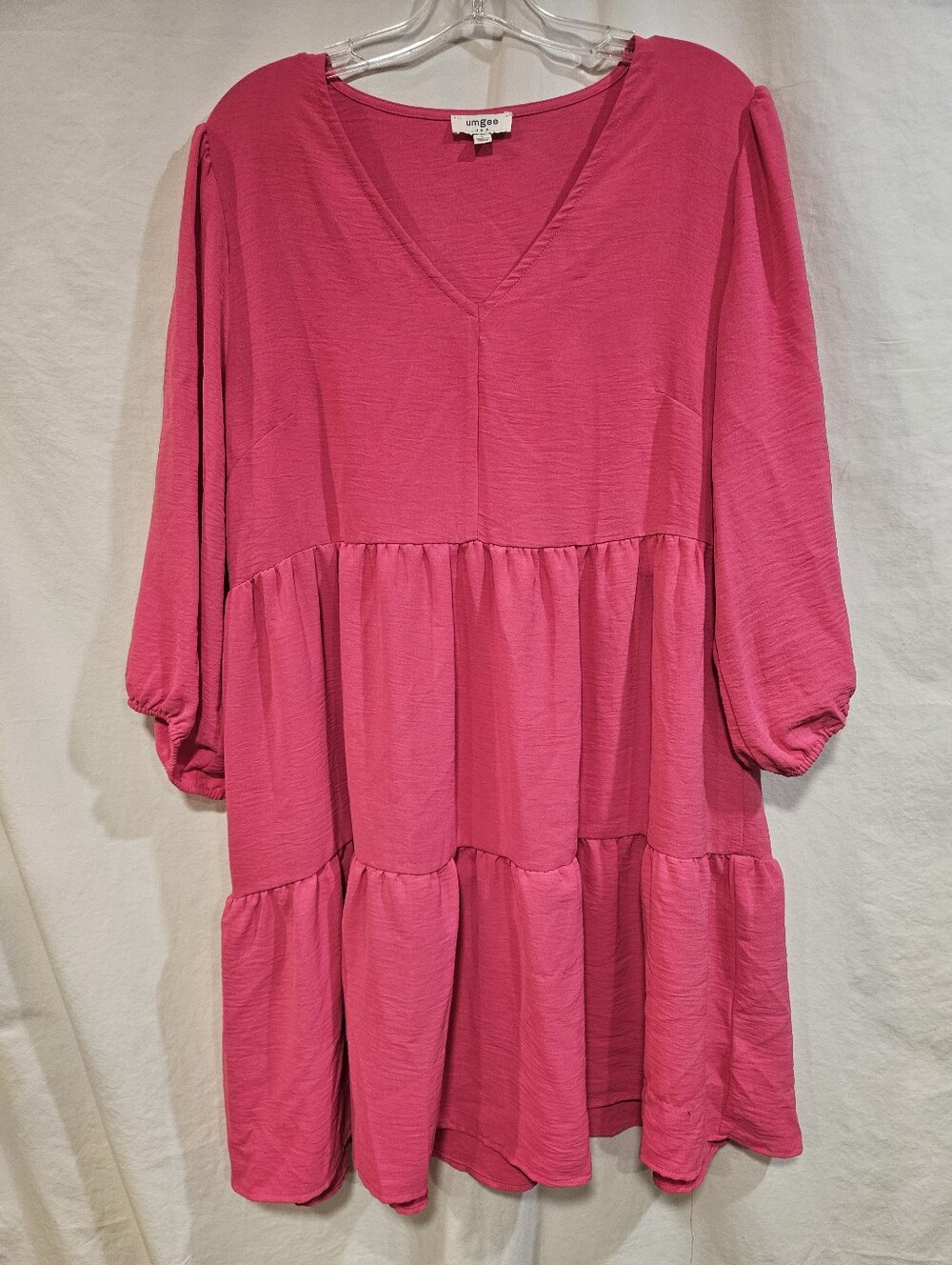 Umgee Hot Pink Tiered V-Neck Babydoll Dress